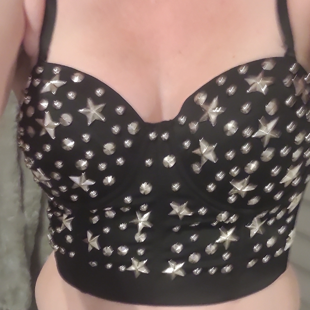 Black Studded Women's Top Worn One Time..practically brand new..can fit D Size.